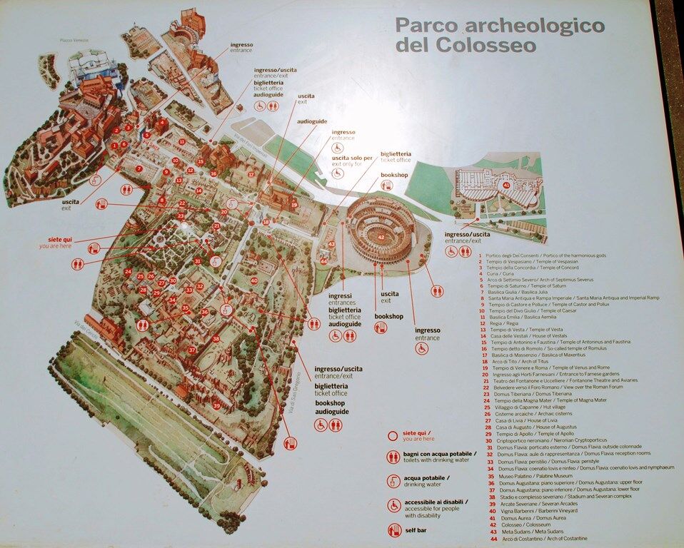 Mapa del Coliseo, Foro Romano y el Palatino